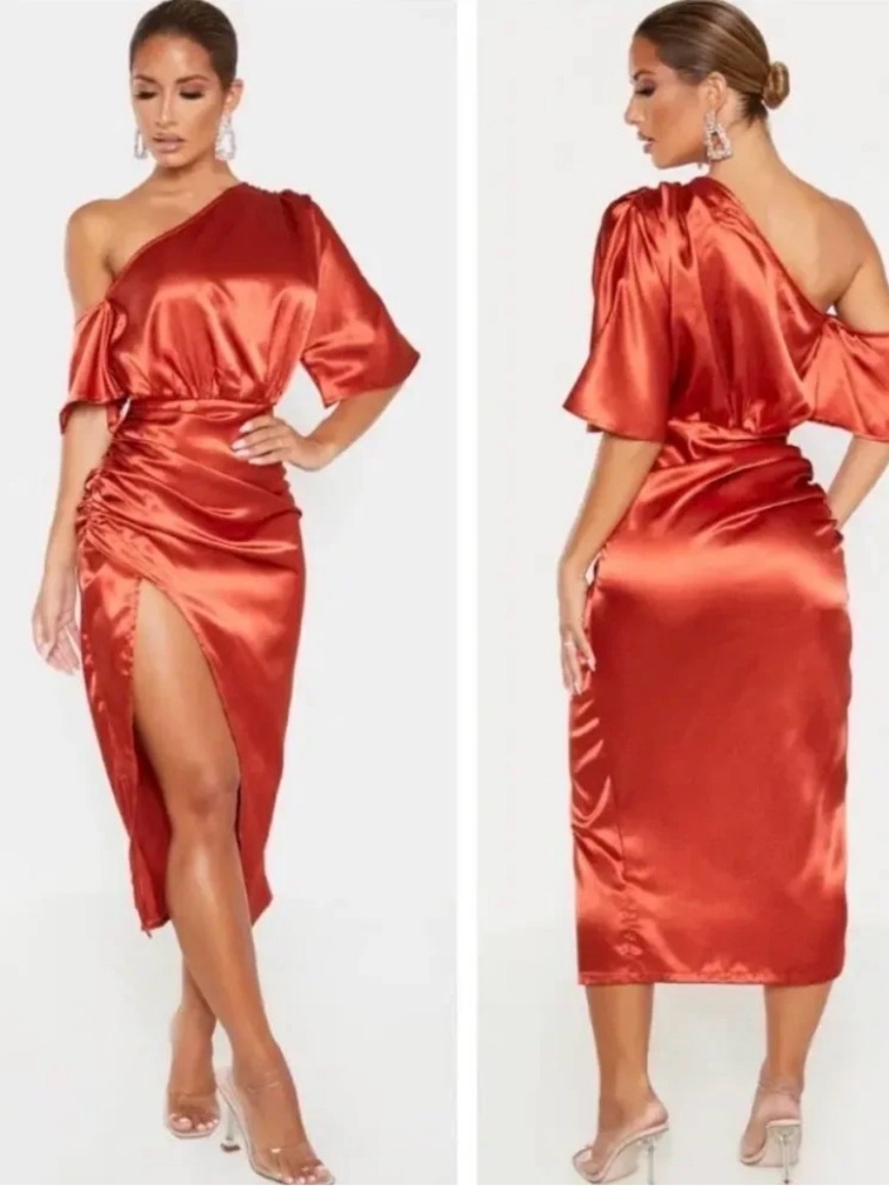 PrettyLittleThing rust satin one shoulder ruched skirt midi dress